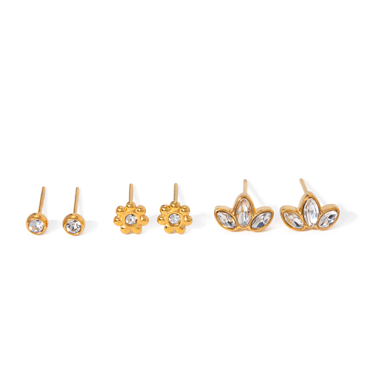 3 Pairs IG Style Shiny Petal Inlay 304 Stainless Steel Zircon 18K Gold Plated Ear Studs display picture 1