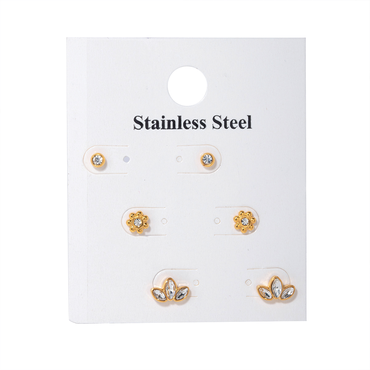 3 Pairs IG Style Shiny Petal Inlay 304 Stainless Steel Zircon 18K Gold Plated Ear Studs display picture 2