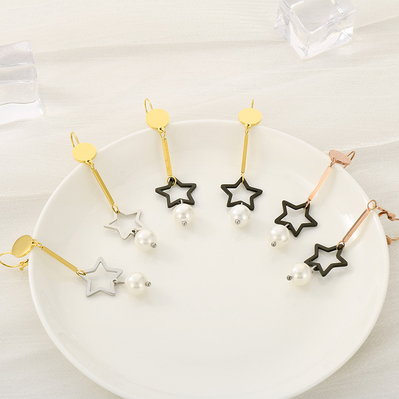 1 Pair Simple Style Star Inlay 304 Stainless Steel Pearl 18K Gold Plated Drop Earrings display picture 5