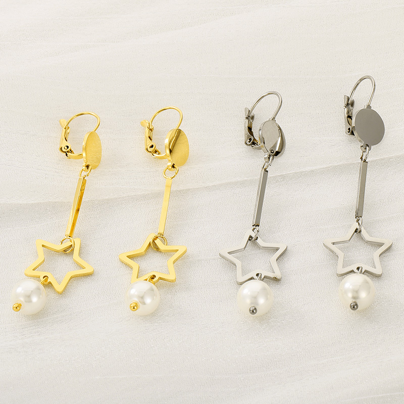 1 Pair Simple Style Star Inlay 304 Stainless Steel Pearl 18K Gold Plated Drop Earrings display picture 4