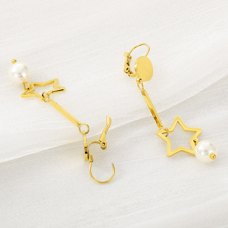 1 Pair Simple Style Star Inlay 304 Stainless Steel Pearl 18K Gold Plated Drop Earrings display picture 13
