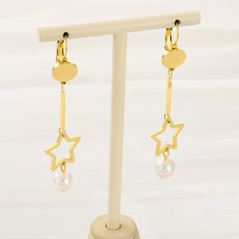 1 Pair Simple Style Star Inlay 304 Stainless Steel Pearl 18K Gold Plated Drop Earrings display picture 8