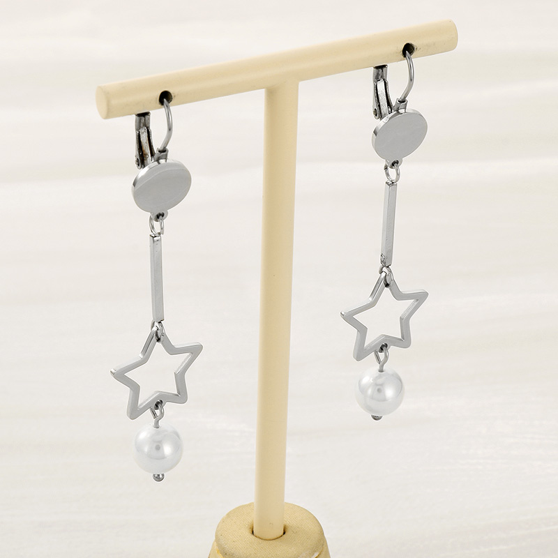 1 Pair Simple Style Star Inlay 304 Stainless Steel Pearl 18K Gold Plated Drop Earrings display picture 9