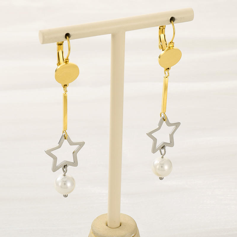 1 Pair Simple Style Star Inlay 304 Stainless Steel Pearl 18K Gold Plated Drop Earrings display picture 10