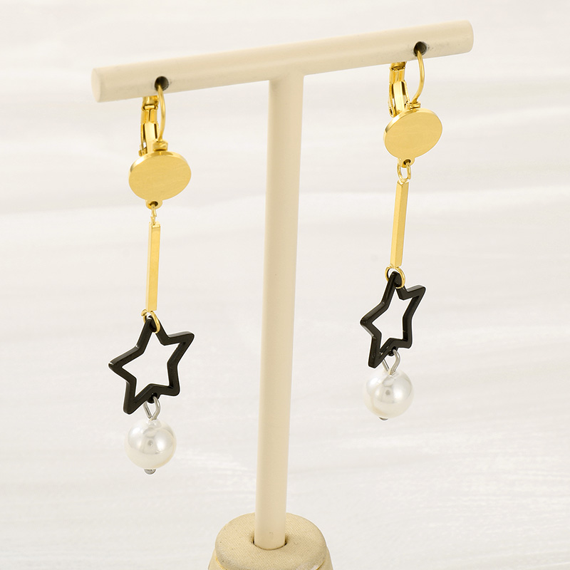 1 Pair Simple Style Star Inlay 304 Stainless Steel Pearl 18K Gold Plated Drop Earrings display picture 11