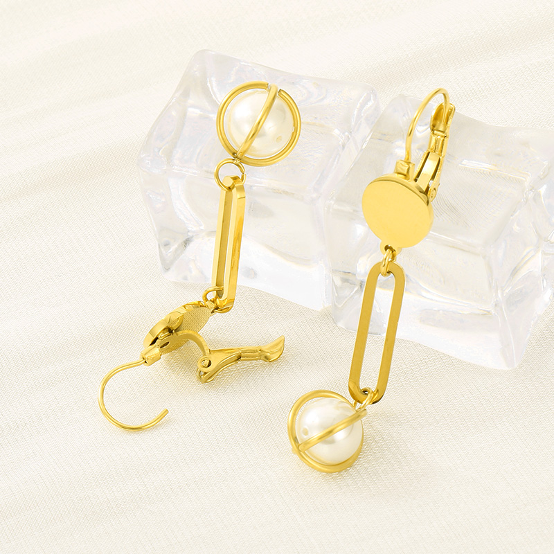 1 Pair Simple Style Solid Color Inlay Stainless Steel Pearl 18K Gold Plated Drop Earrings display picture 12