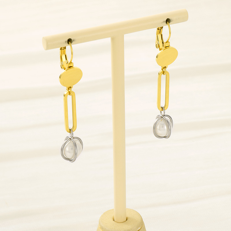 1 Pair Simple Style Solid Color Inlay Stainless Steel Pearl 18K Gold Plated Drop Earrings display picture 9