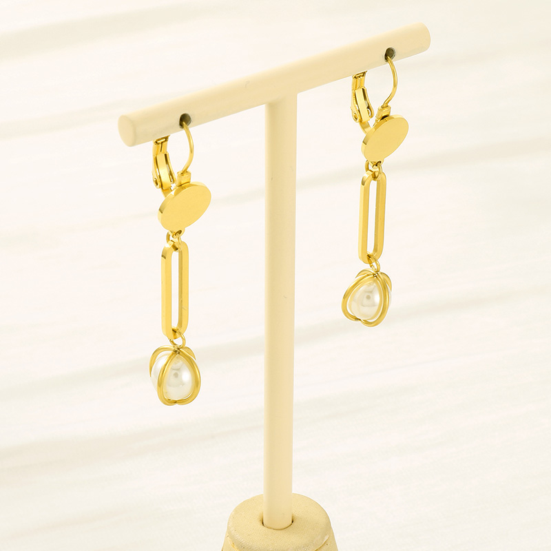 1 Pair Simple Style Solid Color Inlay Stainless Steel Pearl 18K Gold Plated Drop Earrings display picture 10