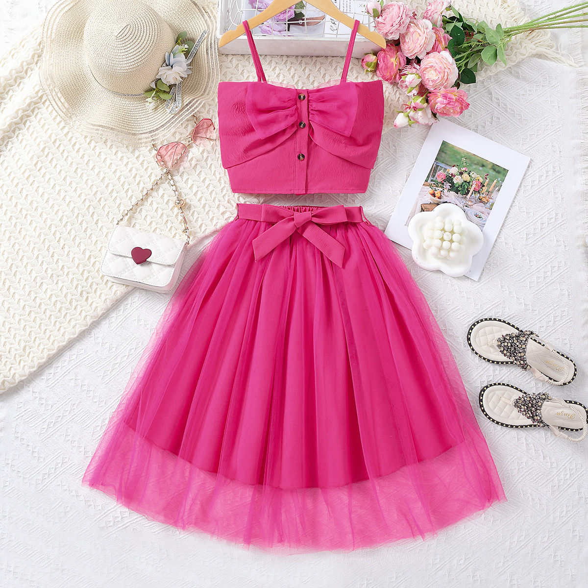 Princess Solid Color Bow Knot Polyester Girls Clothing Sets display picture 1