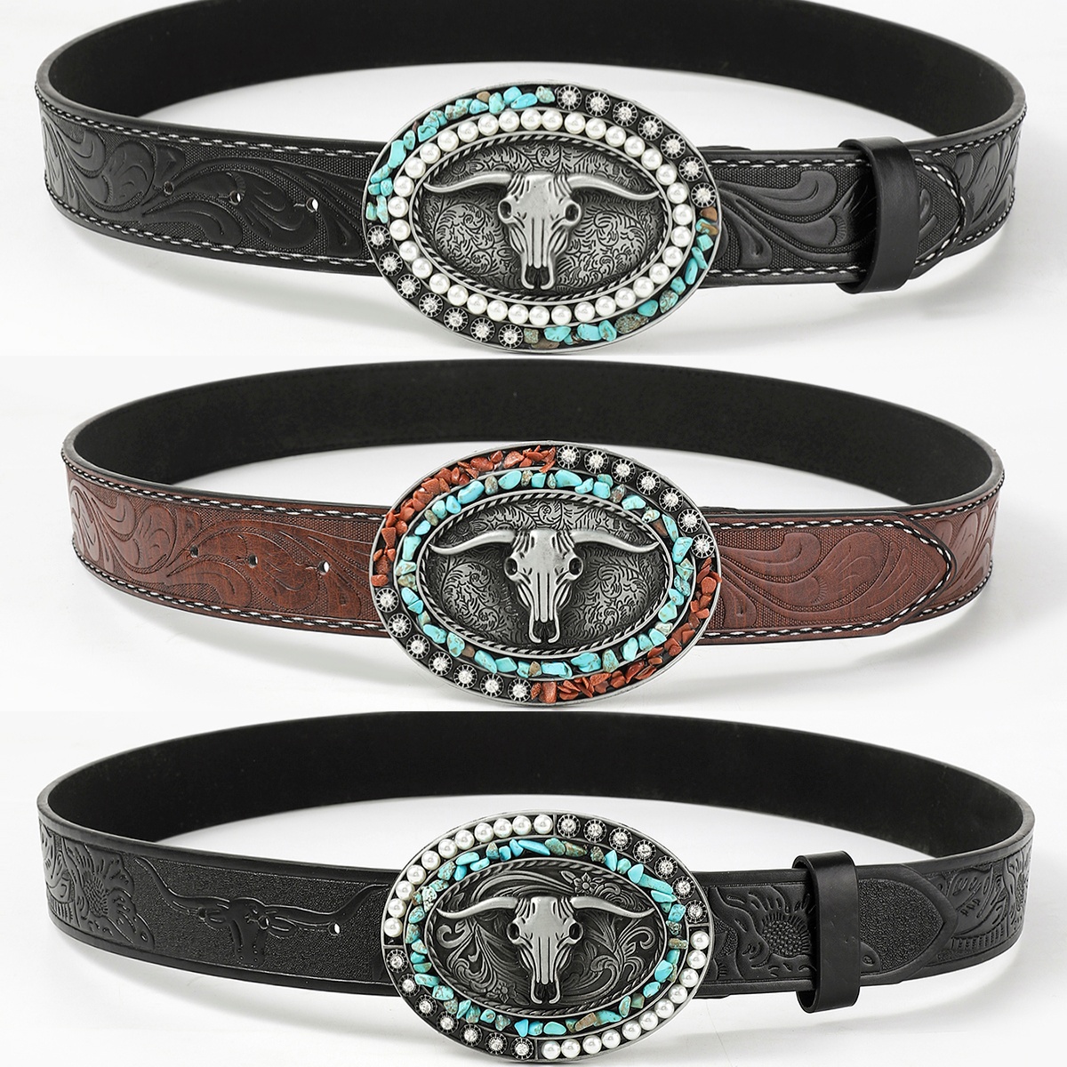 Gothic Retro Streetwear Animal Pu Leather Inlay Artificial Pearls Turquoise Men's Leather Belts display picture 10