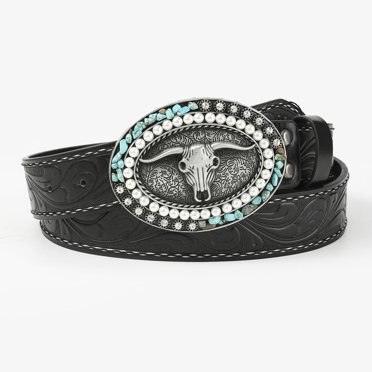 Gothic Retro Streetwear Animal Pu Leather Inlay Artificial Pearls Turquoise Men's Leather Belts display picture 8