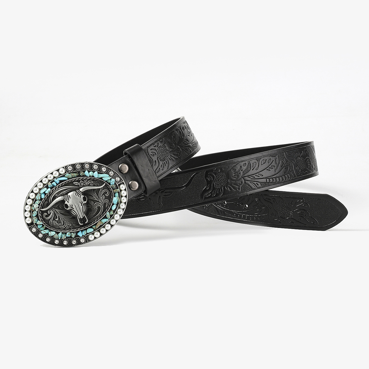 Gothic Retro Streetwear Animal Pu Leather Inlay Artificial Pearls Turquoise Men's Leather Belts display picture 7
