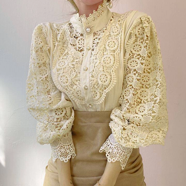 Women's Blouse Long Sleeve Blouses Lace Hollow Out Elegant Solid Color display picture 3