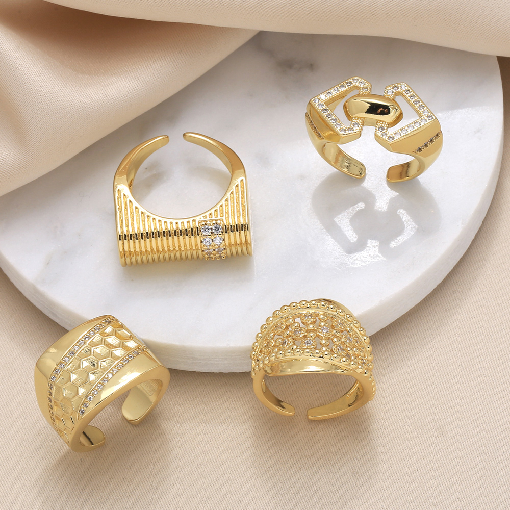 Wholesale Elegant Simple Style Geometric Copper Plating Inlay 18K Gold Plated Zircon Rings display picture 2
