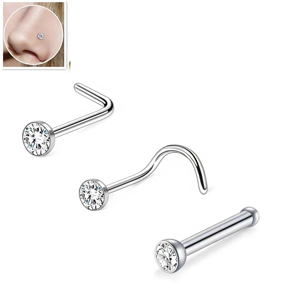 3 Pieces Nose Rings & Studs Simple Style Classic Style Solid Color Stainless Steel Inlay Zircon Nose Rings & Studs display picture 12