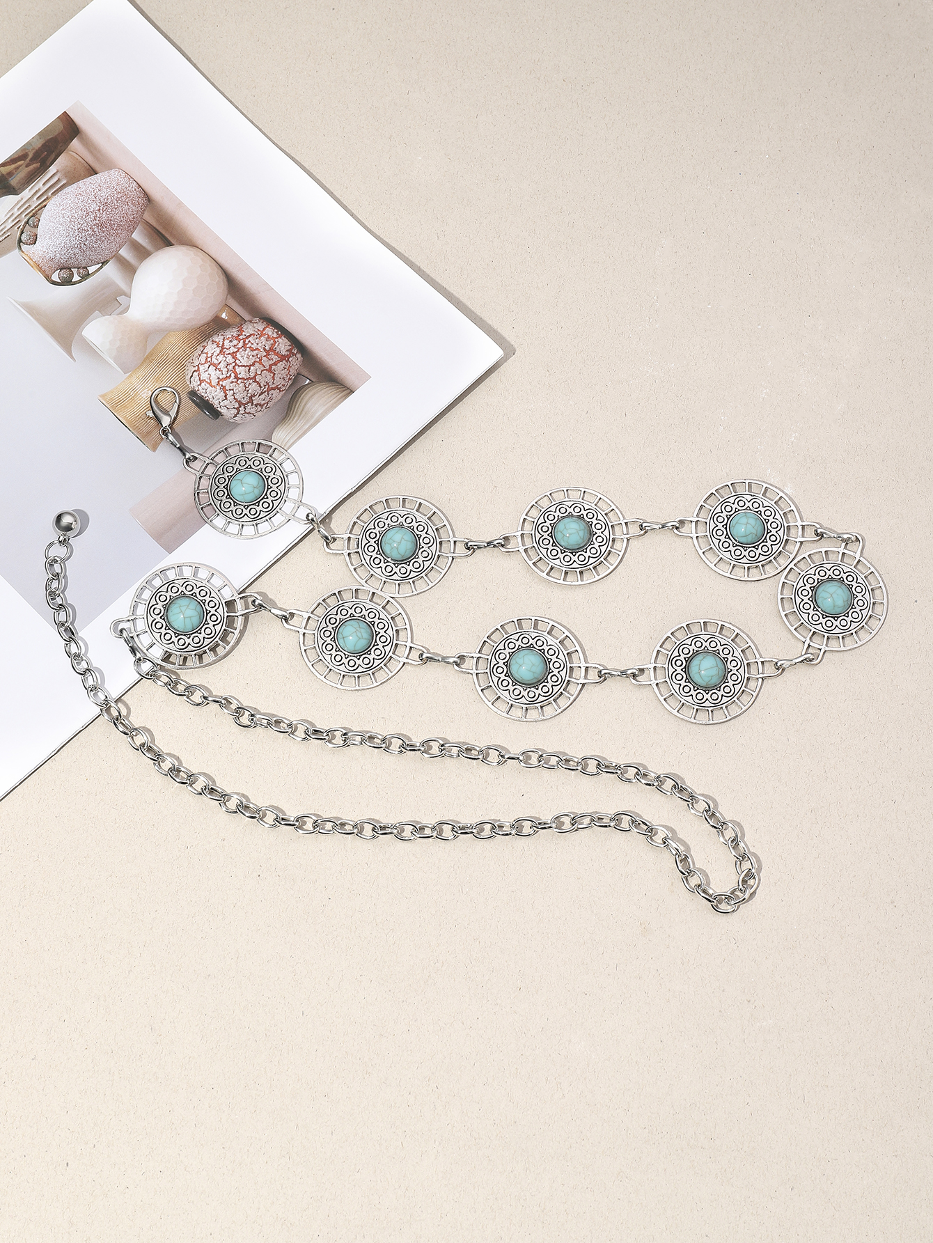 IG Style Ethnic Style Bohemian Round Oval Zinc Alloy Inlay Turquoise Silver Plated Women's Waist Chain display picture 12