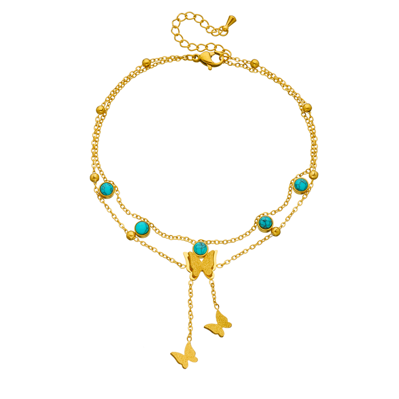 Vintage Style Butterfly 304 Stainless Steel Tassel Inlay Turquoise 18K Gold Plated Women's Anklet display picture 1
