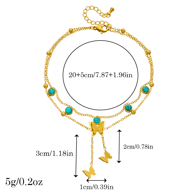 Vintage Style Butterfly 304 Stainless Steel Tassel Inlay Turquoise 18K Gold Plated Women's Anklet display picture 2
