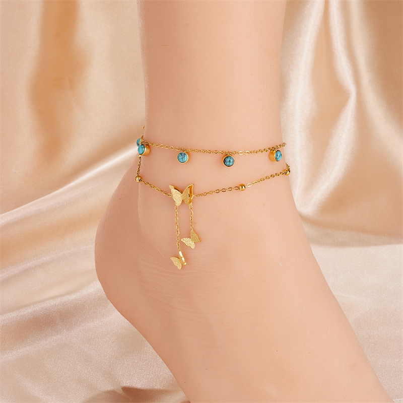 Vintage Style Butterfly 304 Stainless Steel Tassel Inlay Turquoise 18K Gold Plated Women's Anklet display picture 6