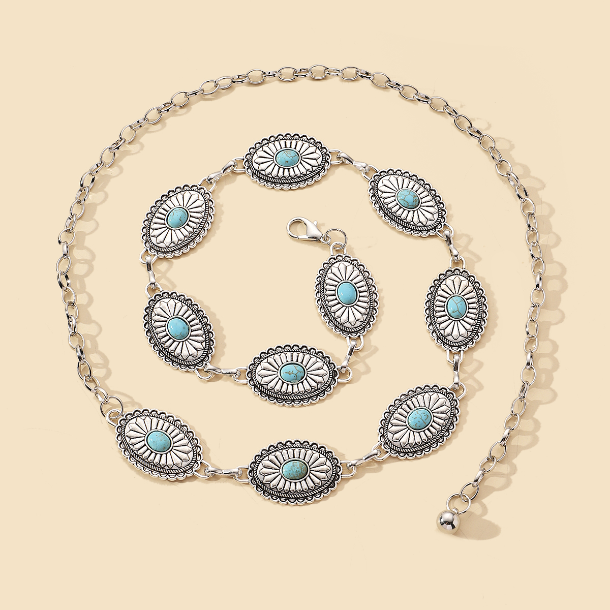 IG Style Ethnic Style Bohemian Round Oval Zinc Alloy Inlay Turquoise Silver Plated Women's Waist Chain display picture 2