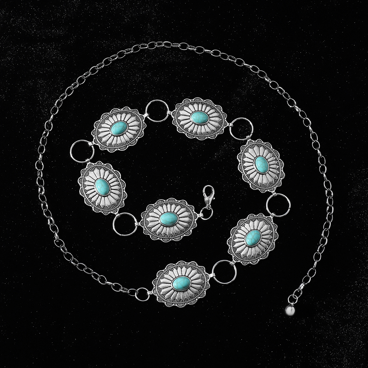 IG Style Ethnic Style Bohemian Round Oval Zinc Alloy Inlay Turquoise Silver Plated Women's Waist Chain display picture 6