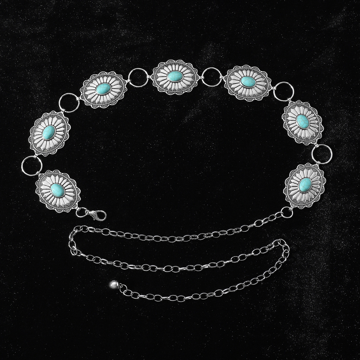 IG Style Ethnic Style Bohemian Round Oval Zinc Alloy Inlay Turquoise Silver Plated Women's Waist Chain display picture 10