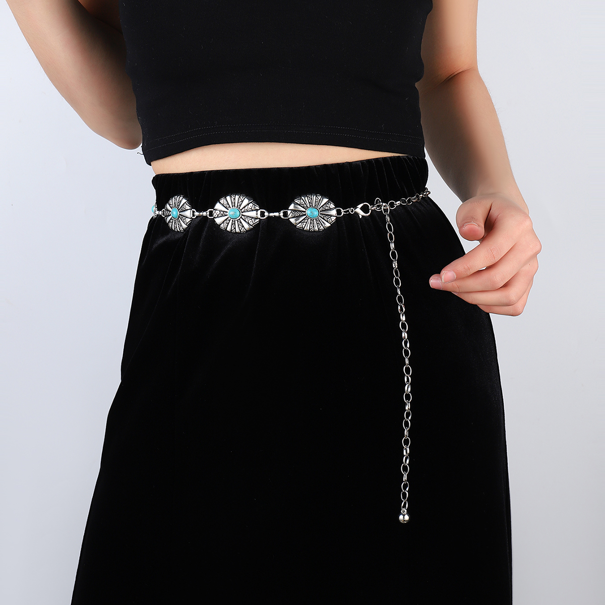 IG Style Ethnic Style Bohemian Round Oval Zinc Alloy Inlay Turquoise Silver Plated Women's Waist Chain display picture 4