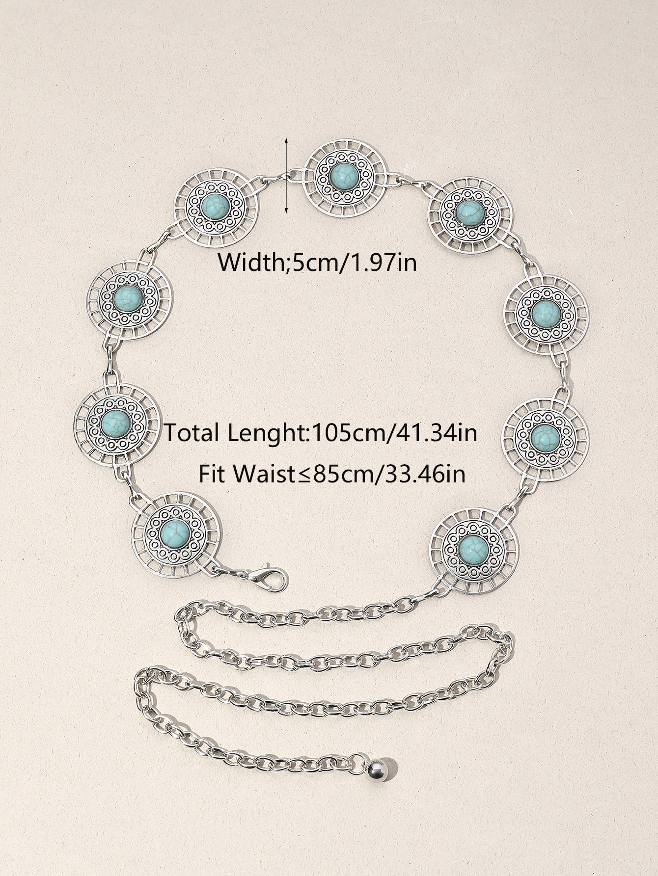 IG Style Ethnic Style Bohemian Round Oval Zinc Alloy Inlay Turquoise Silver Plated Women's Waist Chain display picture 14
