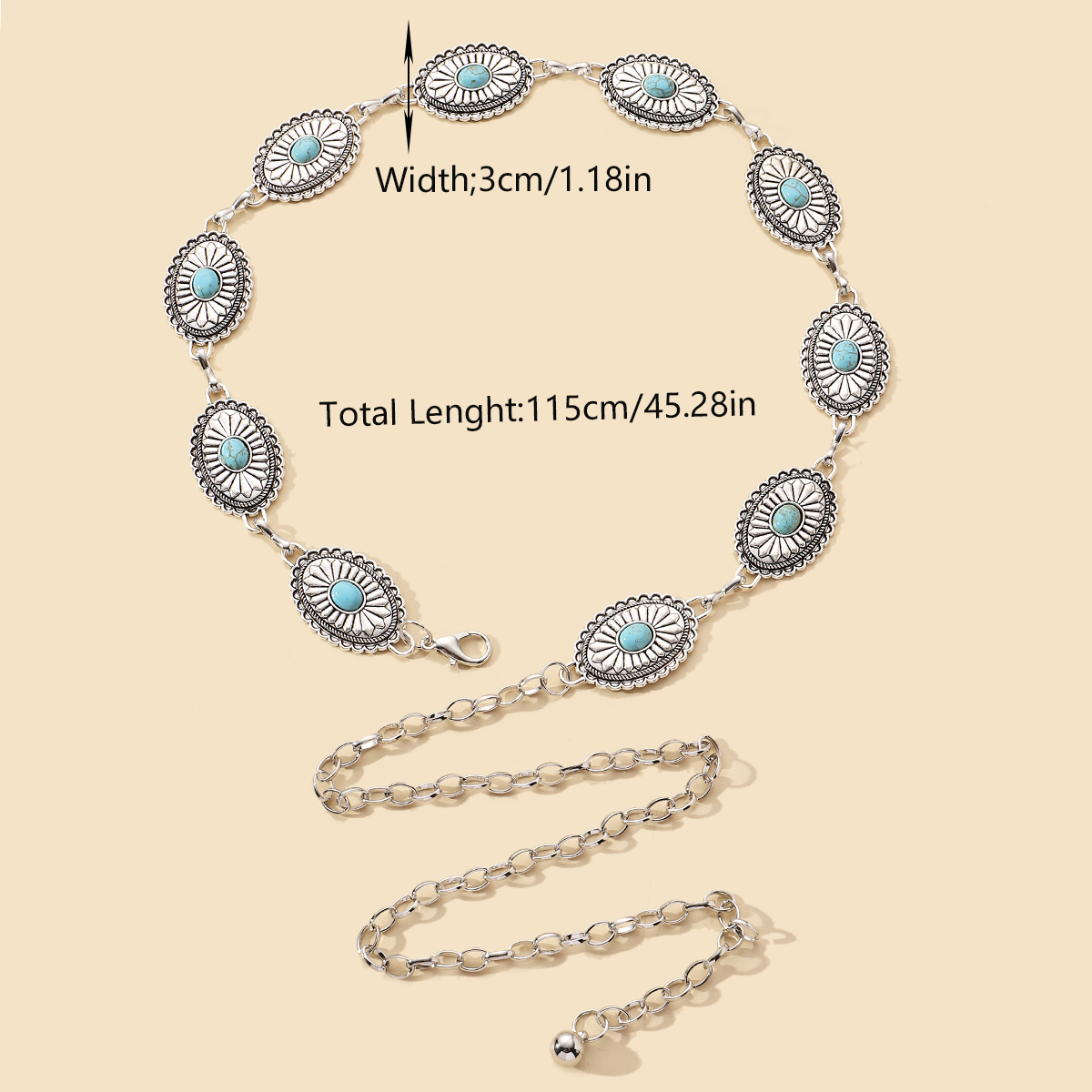 IG Style Ethnic Style Bohemian Round Oval Zinc Alloy Inlay Turquoise Silver Plated Women's Waist Chain display picture 1