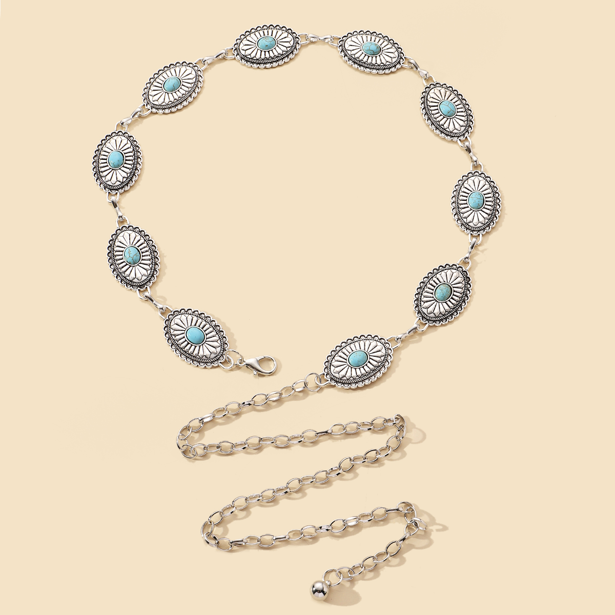 IG Style Ethnic Style Bohemian Round Oval Zinc Alloy Inlay Turquoise Silver Plated Women's Waist Chain display picture 7