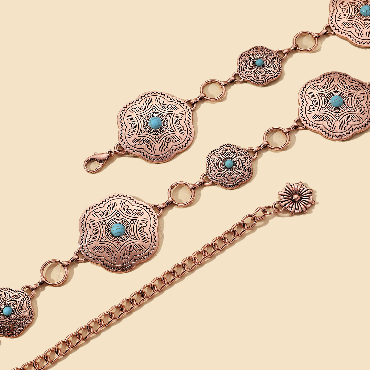 Ethnic Style Bohemian Oval Flower Zinc Alloy Inlay Turquoise Rose Gold Plated Silver Plated Women's Waist Chain display picture 5