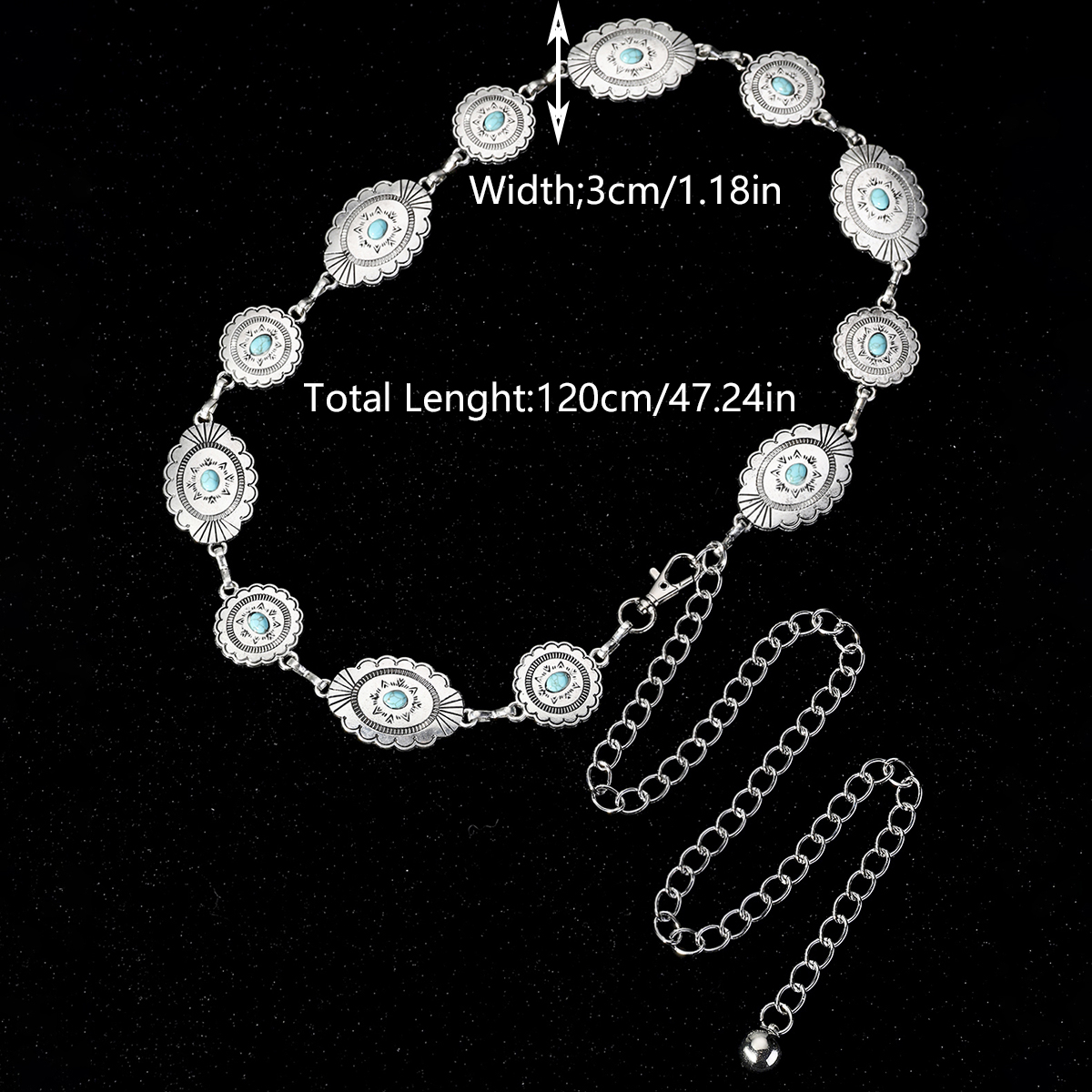 Ethnic Style Bohemian Oval Flower Zinc Alloy Inlay Turquoise Rose Gold Plated Silver Plated Women's Waist Chain display picture 6