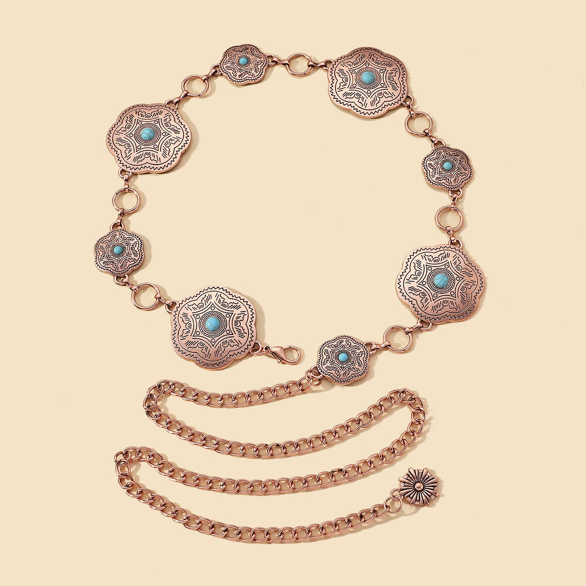 Ethnic Style Bohemian Oval Flower Zinc Alloy Inlay Turquoise Rose Gold Plated Silver Plated Women's Waist Chain display picture 15