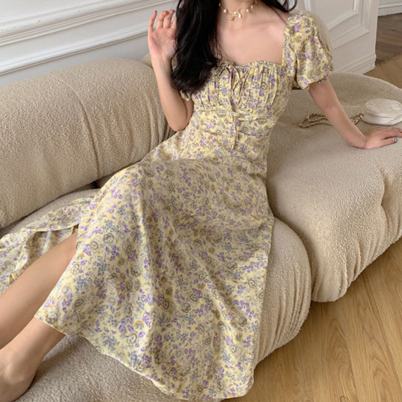 Women's Slit Dress Casual Square Neck Thigh Slit Short Sleeve Ditsy Floral Maxi Long Dress Daily display picture 4