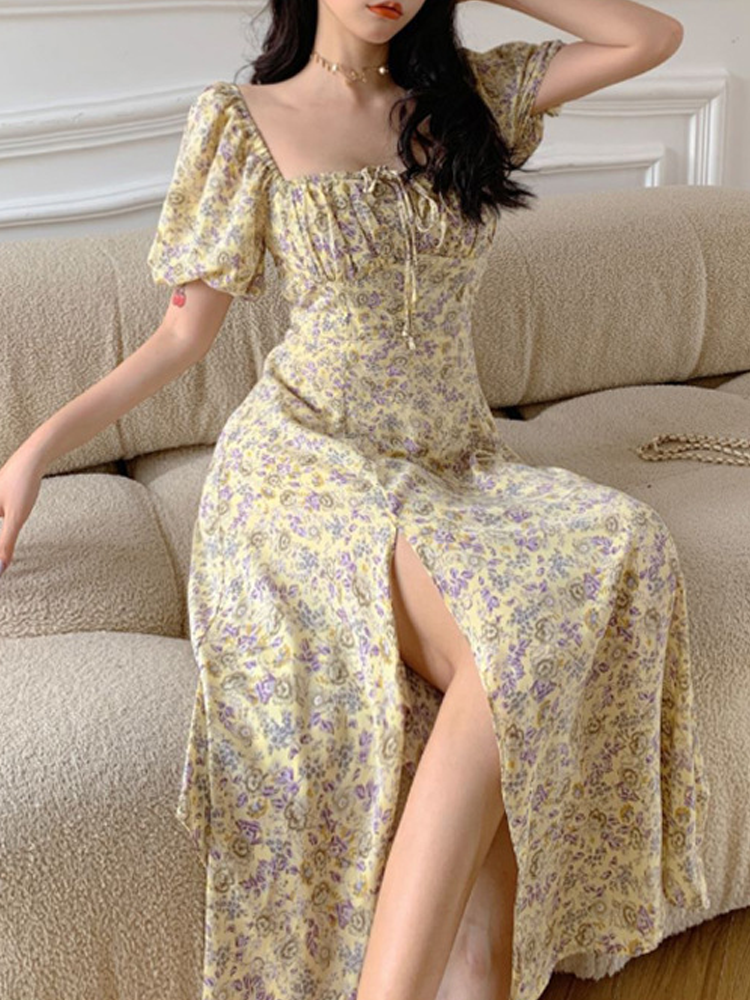 Women's Slit Dress Casual Square Neck Thigh Slit Short Sleeve Ditsy Floral Maxi Long Dress Daily display picture 7