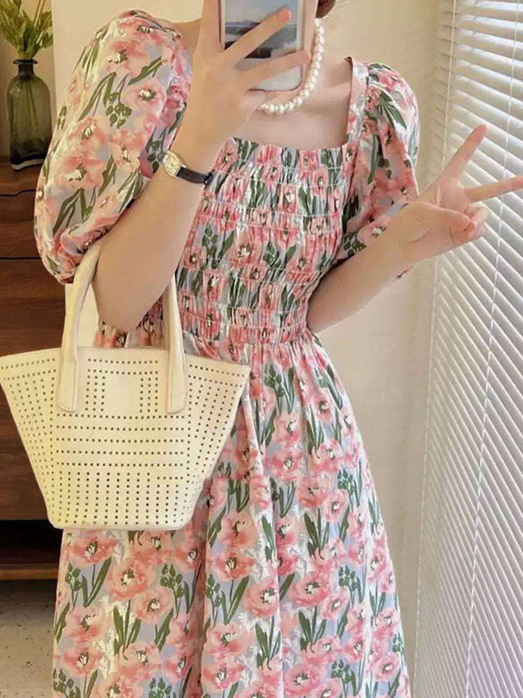 Women's Tea Dress Casual Square Neck Short Sleeve Flower Maxi Long Dress Daily display picture 1