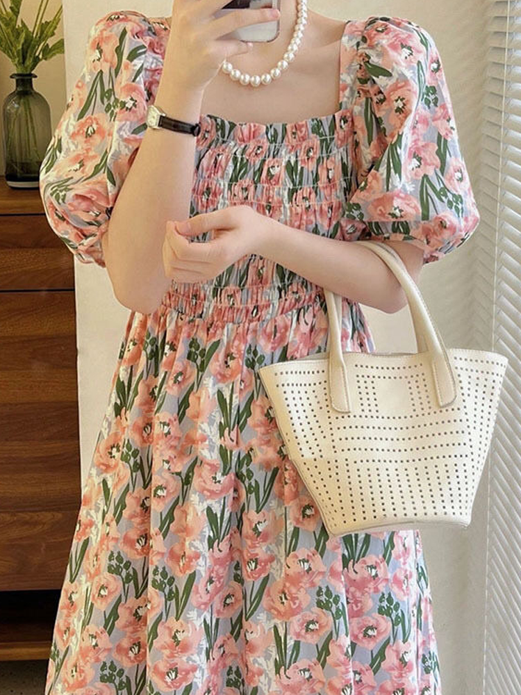 Women's Tea Dress Casual Square Neck Short Sleeve Flower Maxi Long Dress Daily display picture 5