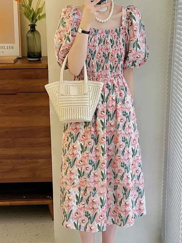 Women's Tea Dress Casual Square Neck Short Sleeve Flower Maxi Long Dress Daily display picture 6
