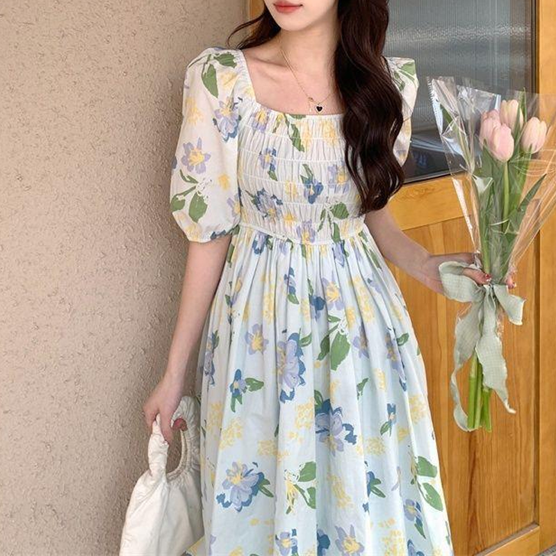 Women's Tea Dress Casual Square Neck Short Sleeve Flower Maxi Long Dress Daily display picture 2