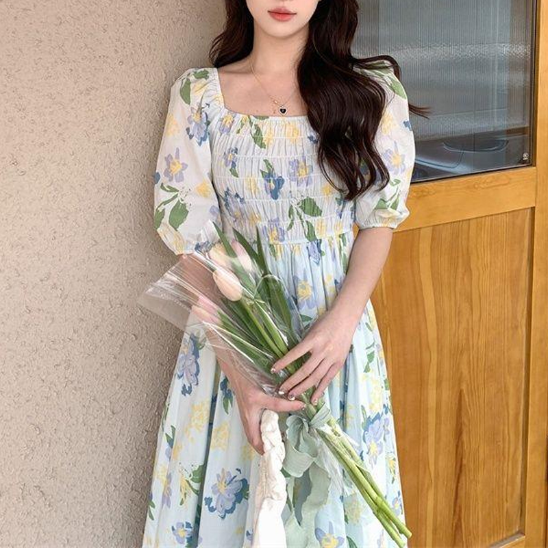 Women's Tea Dress Casual Square Neck Short Sleeve Flower Maxi Long Dress Daily display picture 3