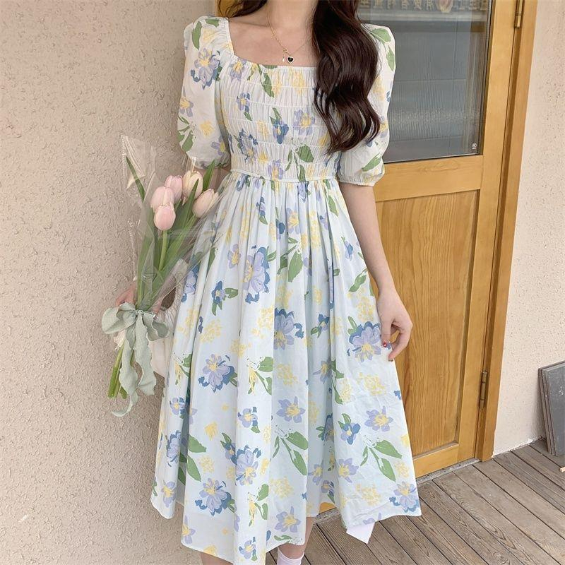 Women's Tea Dress Casual Square Neck Short Sleeve Flower Maxi Long Dress Daily display picture 1