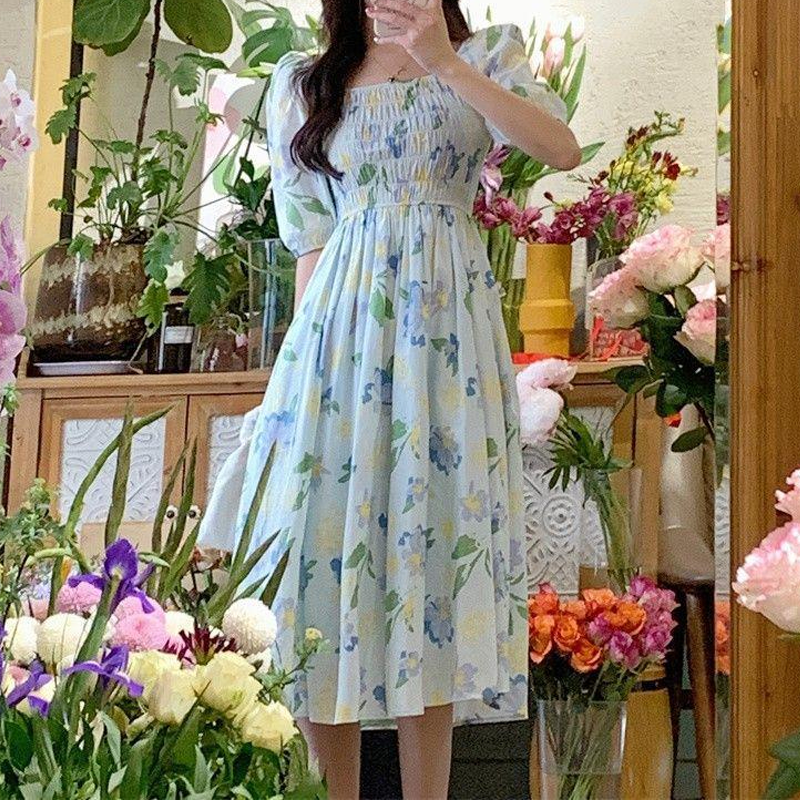Women's Tea Dress Casual Square Neck Short Sleeve Flower Maxi Long Dress Daily display picture 9