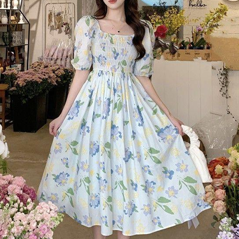 Women's Tea Dress Casual Square Neck Short Sleeve Flower Maxi Long Dress Daily display picture 5