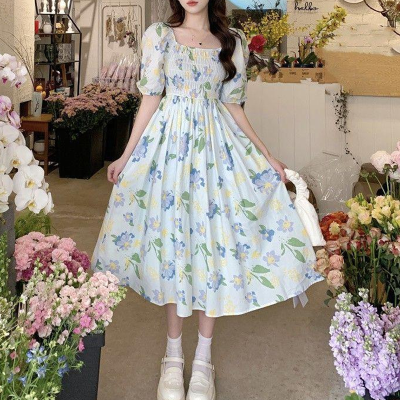 Women's Tea Dress Casual Square Neck Short Sleeve Flower Maxi Long Dress Daily display picture 7