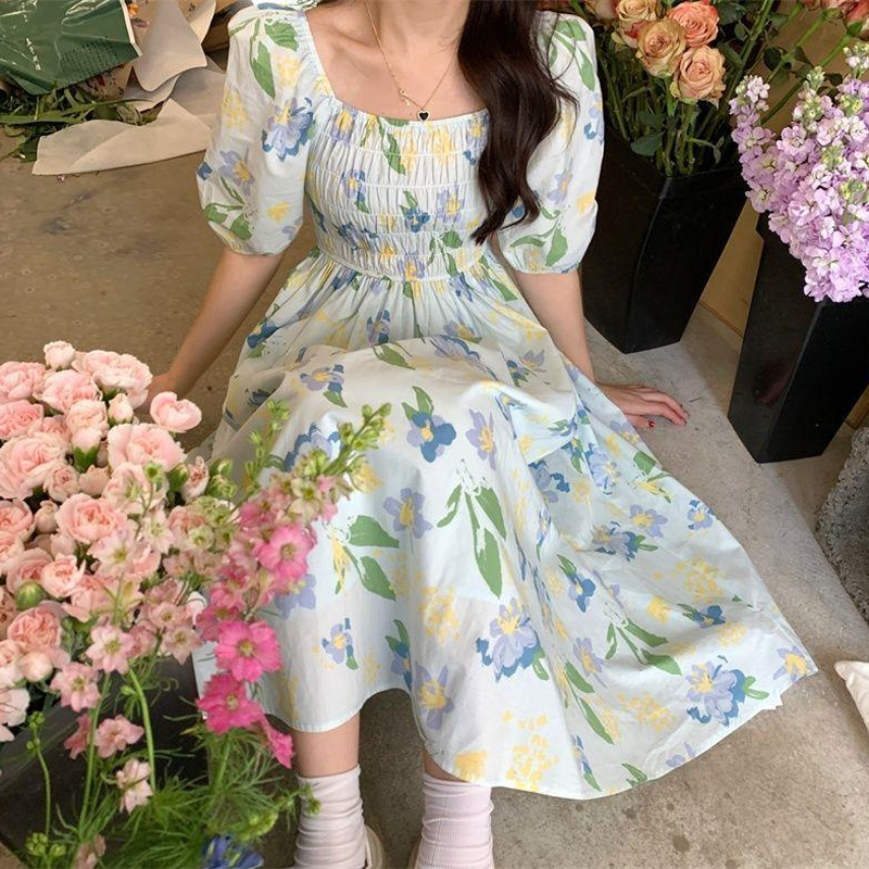 Women's Tea Dress Casual Square Neck Short Sleeve Flower Maxi Long Dress Daily display picture 6