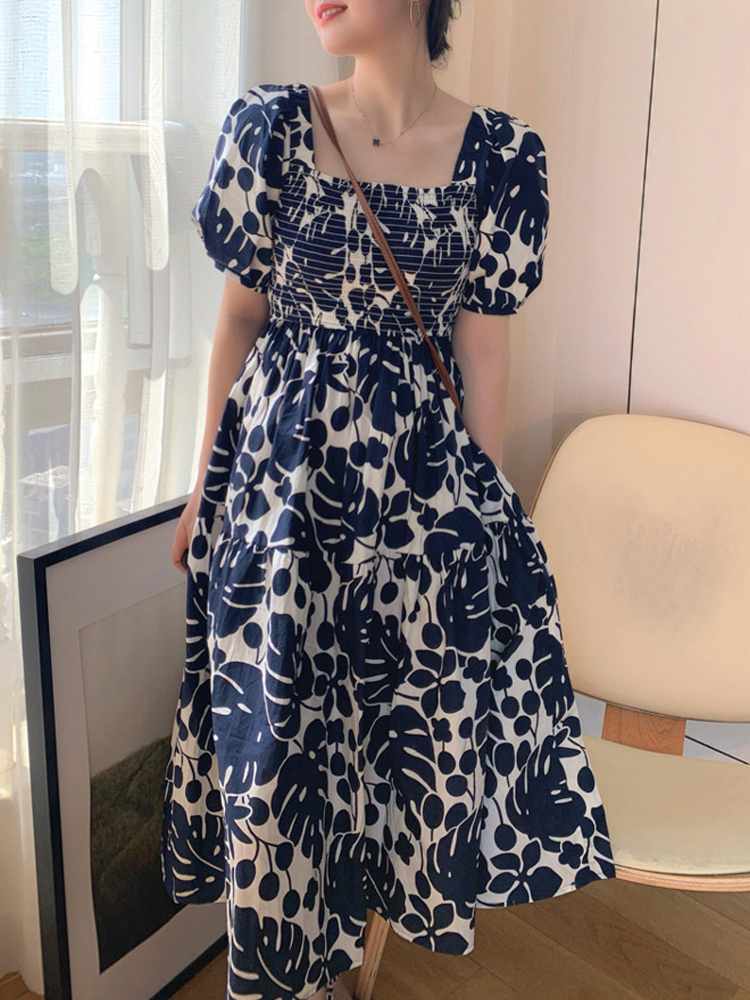 Women's Tea Dress Casual Square Neck Short Sleeve Flower Maxi Long Dress Daily display picture 4