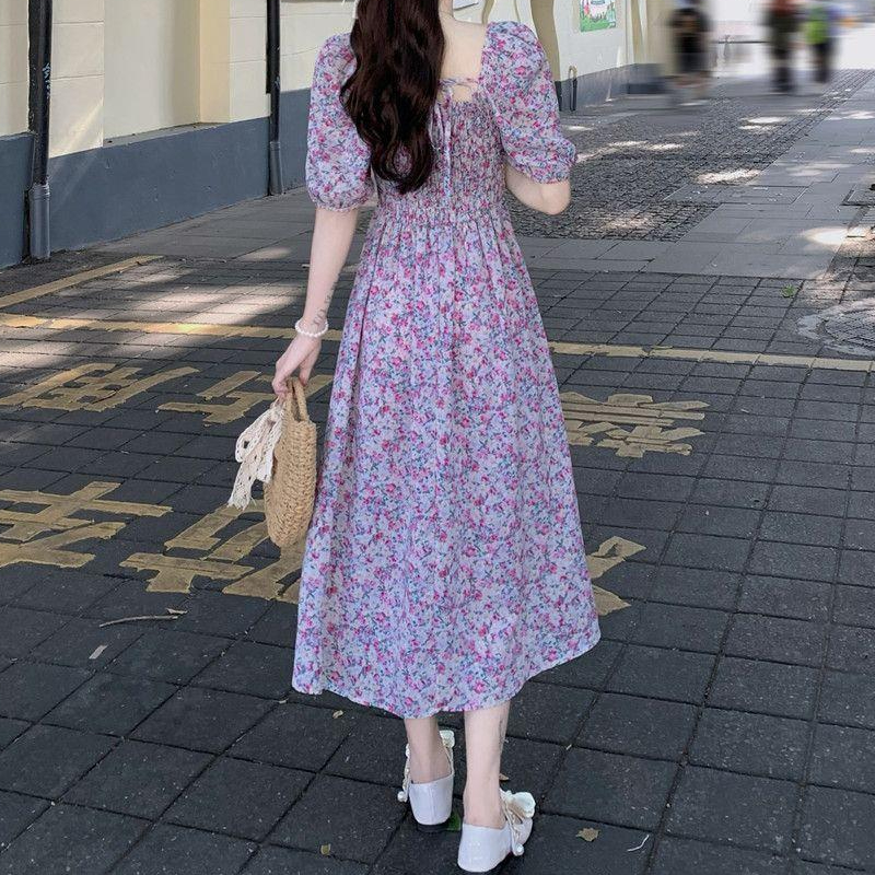Women's Tea Dress Casual Square Neck Short Sleeve Ditsy Floral Maxi Long Dress Daily display picture 1