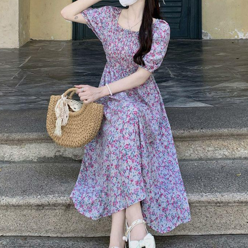 Women's Tea Dress Casual Square Neck Short Sleeve Ditsy Floral Maxi Long Dress Daily display picture 11