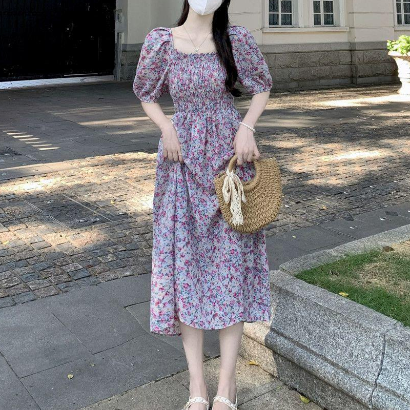 Women's Tea Dress Casual Square Neck Short Sleeve Ditsy Floral Maxi Long Dress Daily display picture 9