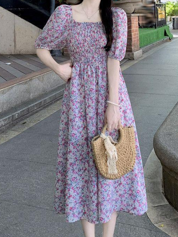 Women's Tea Dress Casual Square Neck Short Sleeve Ditsy Floral Maxi Long Dress Daily display picture 1